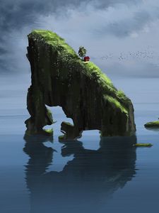 Preview wallpaper rock, house, slope, water, reflection, art