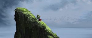 Preview wallpaper rock, house, slope, water, reflection, art