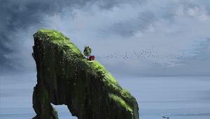 Preview wallpaper rock, house, slope, water, reflection, art
