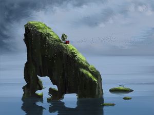 Preview wallpaper rock, house, slope, water, reflection, art