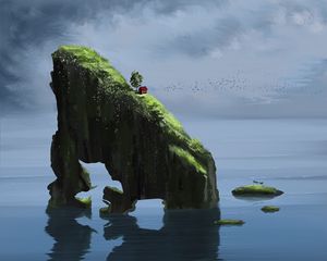 Preview wallpaper rock, house, slope, water, reflection, art
