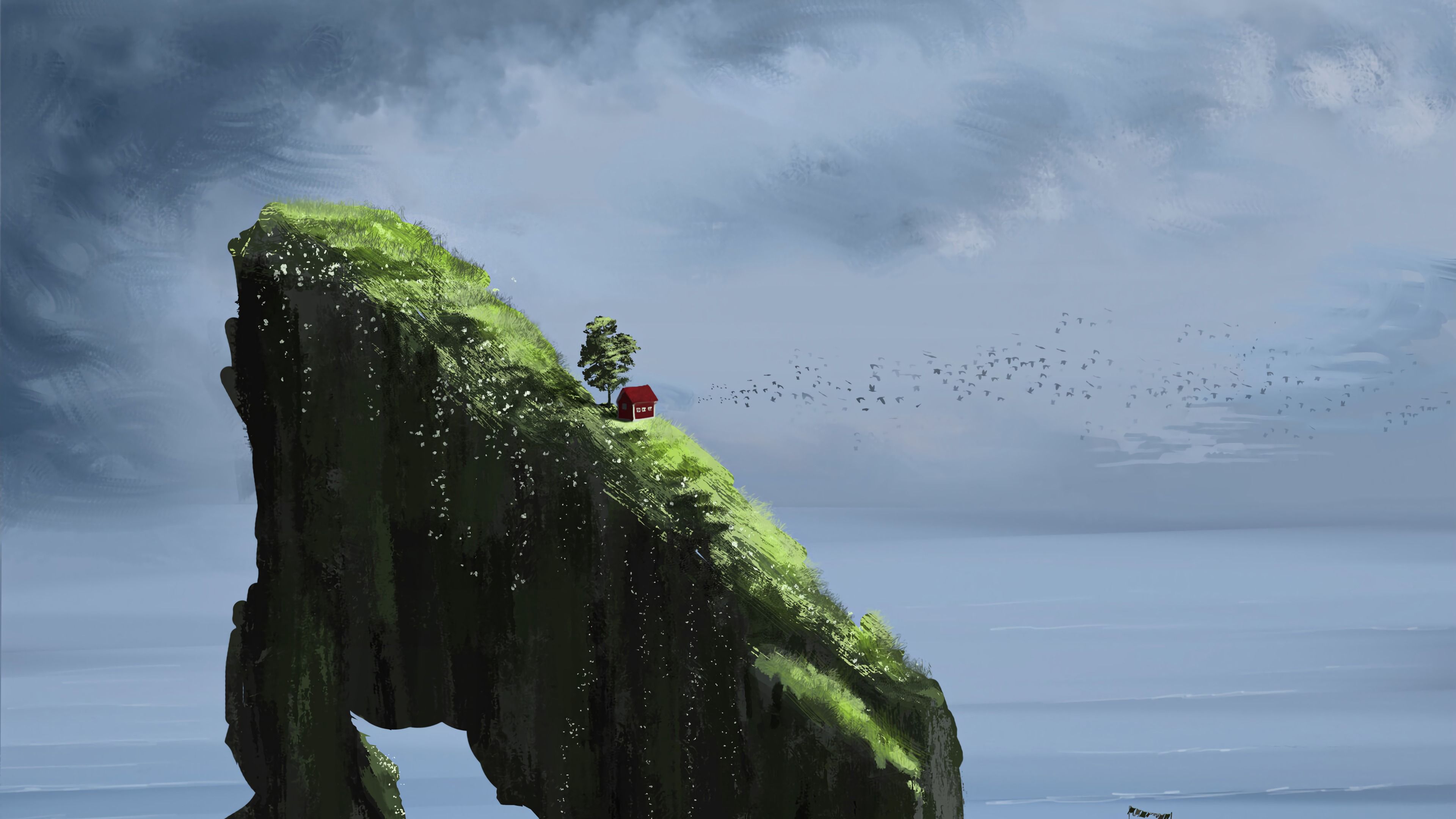 Download wallpaper 3840x2160 rock, house, slope, water, reflection, art