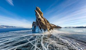 Preview wallpaper rock, ice, crannies, lake, baikal