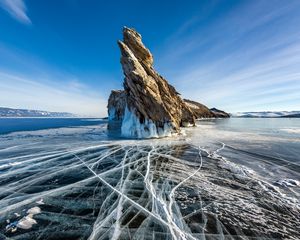 Preview wallpaper rock, ice, crannies, lake, baikal