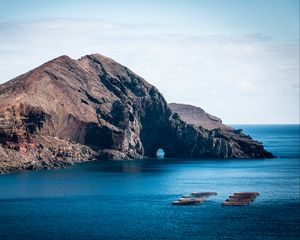 Preview wallpaper rock, island, sea, boats, water