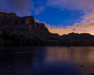 Preview wallpaper rock, lake, evening, nature, landscape
