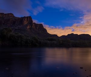 Preview wallpaper rock, lake, evening, nature, landscape