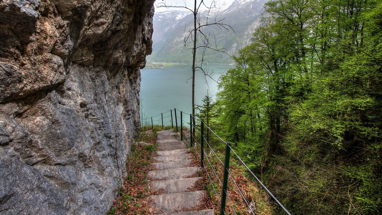 Wallpaper rock, lake, stairs, trees, slope, landscape