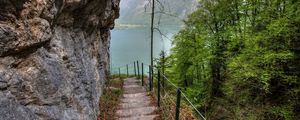 Preview wallpaper rock, lake, stairs, trees, slope, landscape