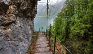 Preview wallpaper rock, lake, stairs, trees, slope, landscape