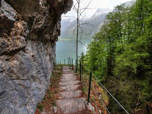 Preview wallpaper rock, lake, stairs, trees, slope, landscape