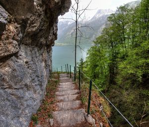 Preview wallpaper rock, lake, stairs, trees, slope, landscape