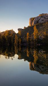 Preview wallpaper rock, lake, trees, reflection, nature