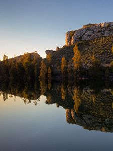 Preview wallpaper rock, lake, trees, reflection, nature