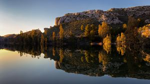 Preview wallpaper rock, lake, trees, reflection, nature