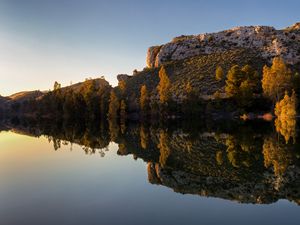 Preview wallpaper rock, lake, trees, reflection, nature