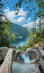 Preview wallpaper rock, lake, waterfall, cliff, trees
