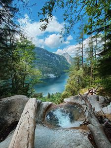 Preview wallpaper rock, lake, waterfall, cliff, trees