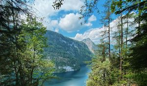 Preview wallpaper rock, lake, waterfall, cliff, trees