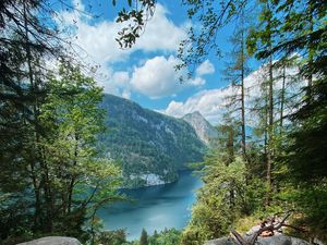 Preview wallpaper rock, lake, waterfall, cliff, trees