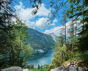 Preview wallpaper rock, lake, waterfall, cliff, trees