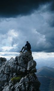 Preview wallpaper rock, man, precipice, mountains, height, freedom