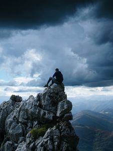 Preview wallpaper rock, man, precipice, mountains, height, freedom