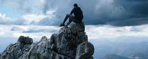 Preview wallpaper rock, man, precipice, mountains, height, freedom