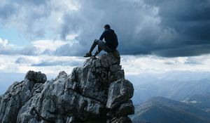 Preview wallpaper rock, man, precipice, mountains, height, freedom