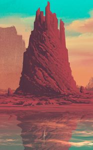 Preview wallpaper rock, mountain, fantasy, lake, art