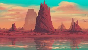 Preview wallpaper rock, mountain, fantasy, lake, art