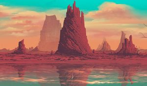 Preview wallpaper rock, mountain, fantasy, lake, art