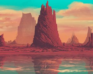 Preview wallpaper rock, mountain, fantasy, lake, art