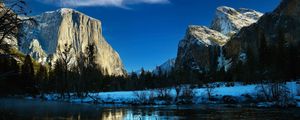 Preview wallpaper rock, mountain, lake, snow, trees