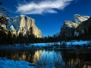 Preview wallpaper rock, mountain, lake, snow, trees