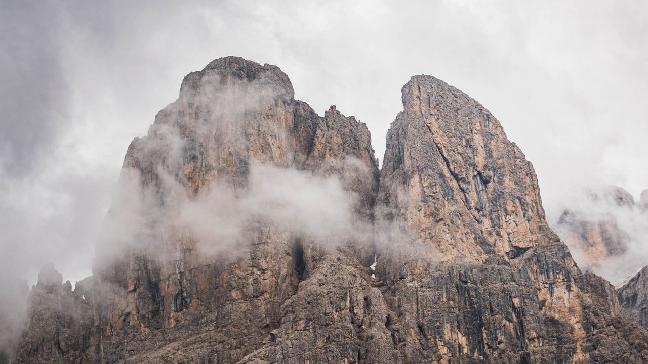 Wallpaper rock, mountain, slope, fog, trees, landscape