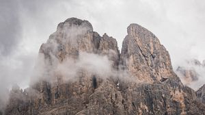 Preview wallpaper rock, mountain, slope, fog, trees, landscape