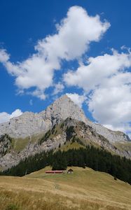 Preview wallpaper rock, mountain, slope, trees, house, trail, grass