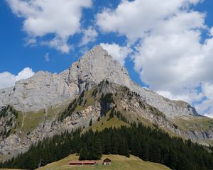 Preview wallpaper rock, mountain, slope, trees, house, trail, grass