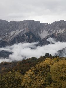 Preview wallpaper rock, mountains, clouds, trees, forest