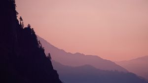 Preview wallpaper rock, mountains, trees, evening, cliff