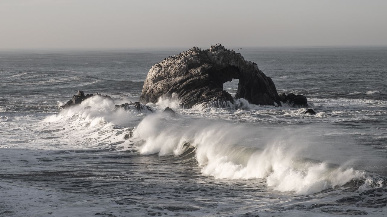 Wallpaper rock, ocean, waves, foam