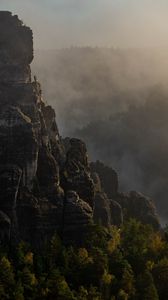 Preview wallpaper rock, peak, fog, trees, landscape