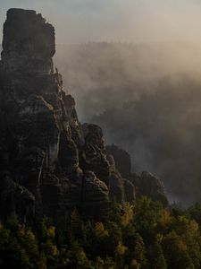 Preview wallpaper rock, peak, fog, trees, landscape