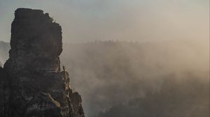 Preview wallpaper rock, peak, fog, trees, landscape