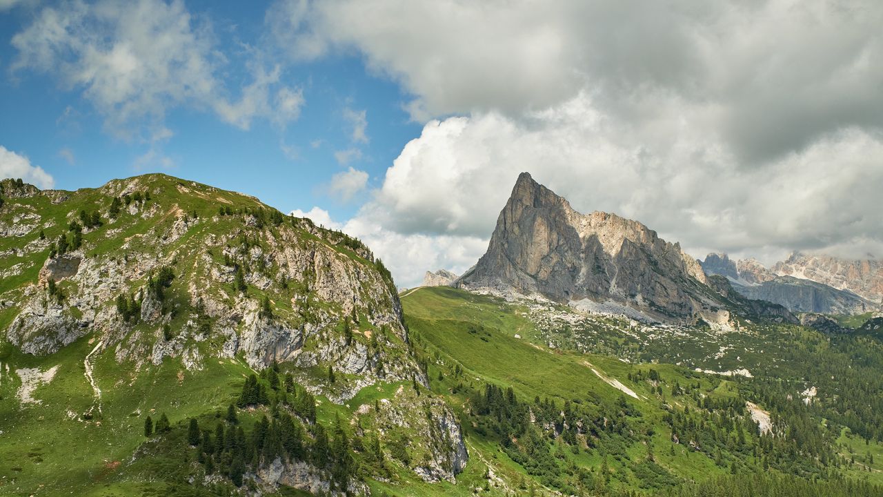 Wallpaper rock, peak, slope, grass, clouds