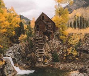 Preview wallpaper rock, river, house, wooden, nature