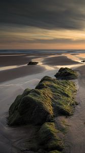 Preview wallpaper rock, sand, sunset, aerial view, landscape