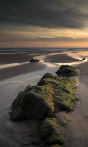 Preview wallpaper rock, sand, sunset, aerial view, landscape