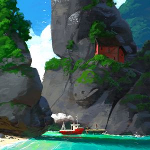 Preview wallpaper rock, sea, art, ship, child, house